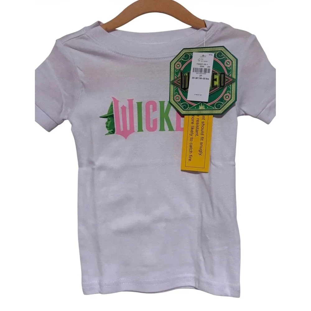 Wicked Movie Kids Pajama Lounge Set 2T White Tee Black Patterned Leggings 2pc